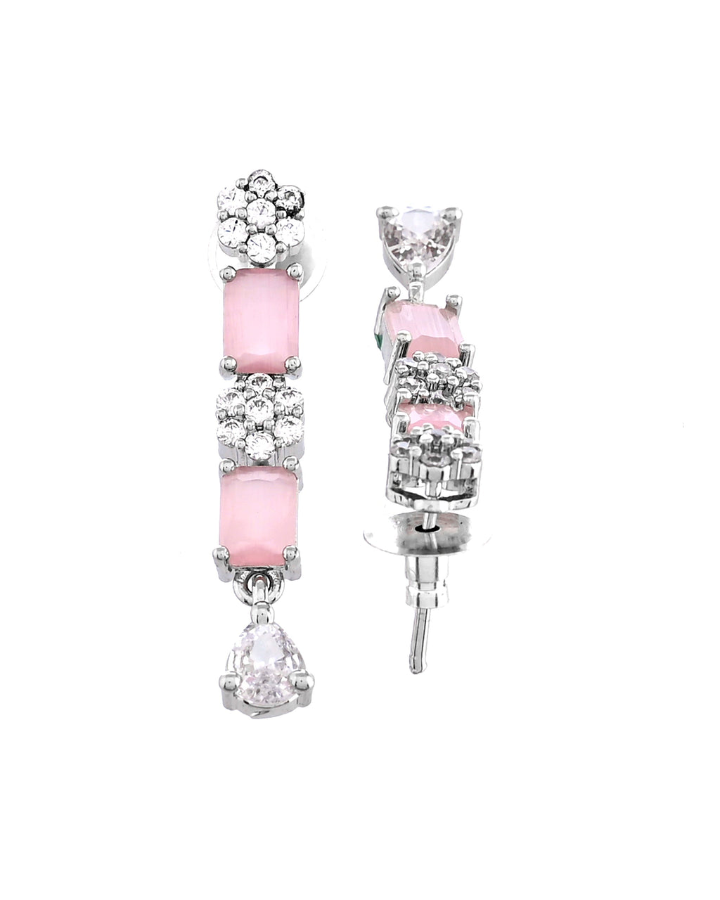 VOJ Silver Plated Baby Pink Rectangular Stone Ad Necklace Set | Grocsy