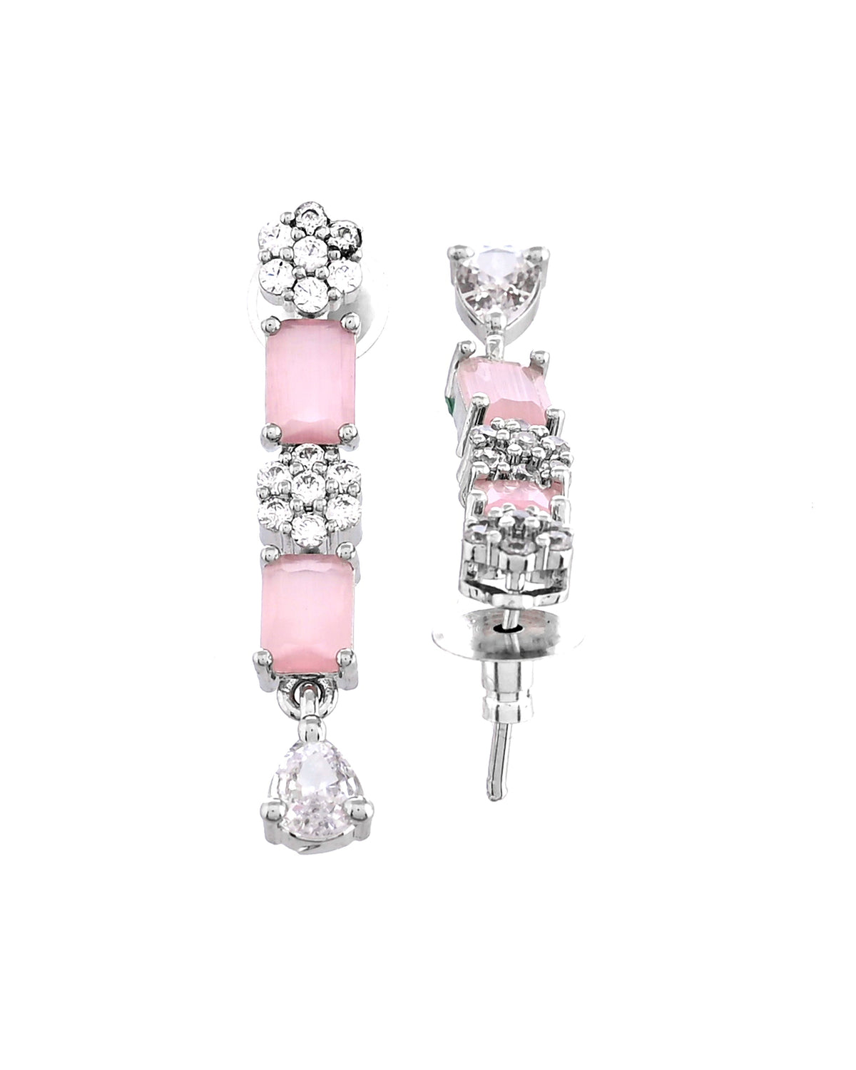 VOJ Silver Plated Baby Pink Rectangular Stone Ad Necklace Set | Grocsy