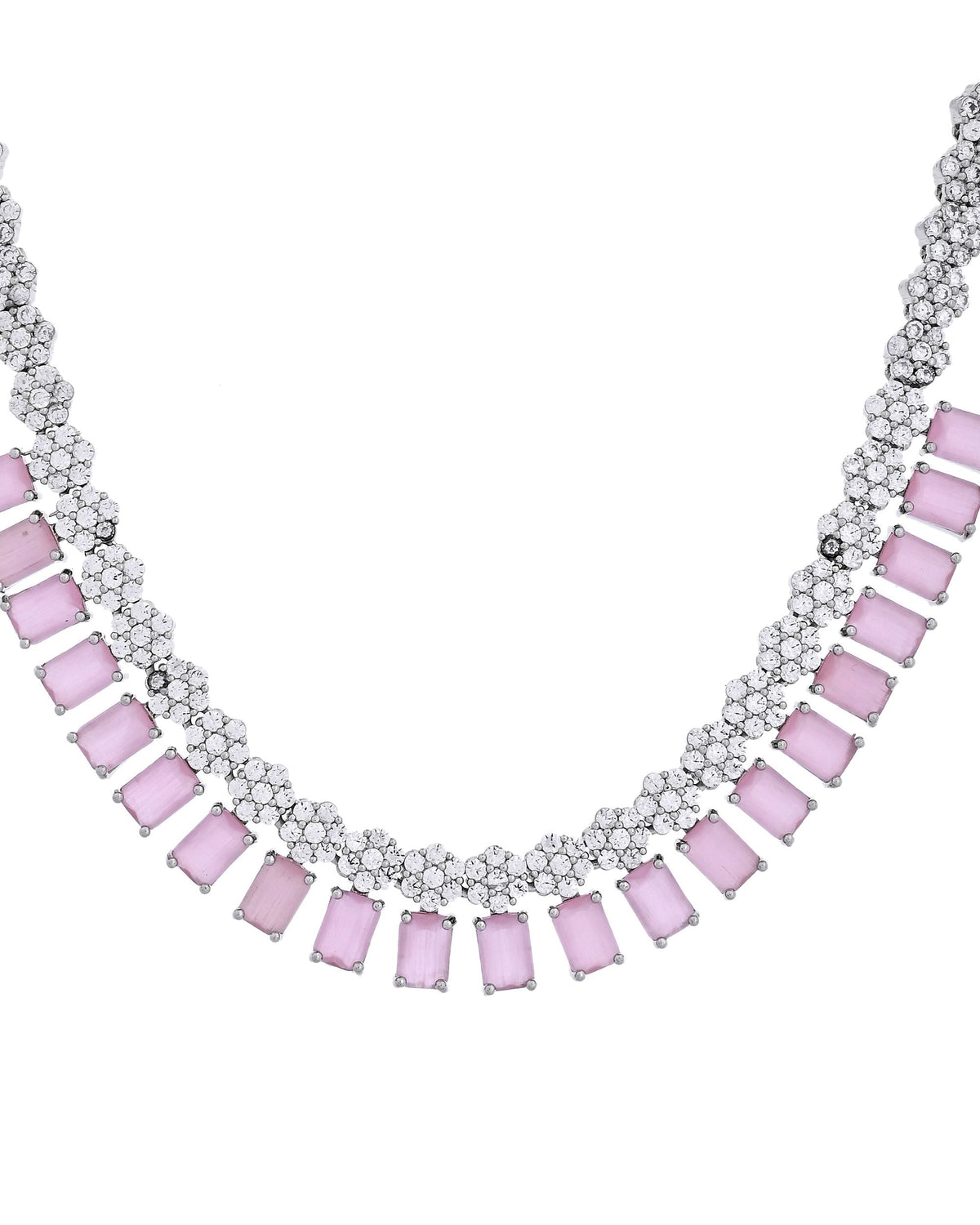 VOJ Silver Plated Baby Pink Rectangular Stone Ad Necklace Set | Grocsy