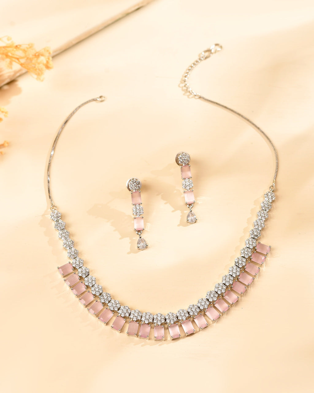 VOJ Silver Plated Baby Pink Rectangular Stone Ad Necklace Set | Grocsy