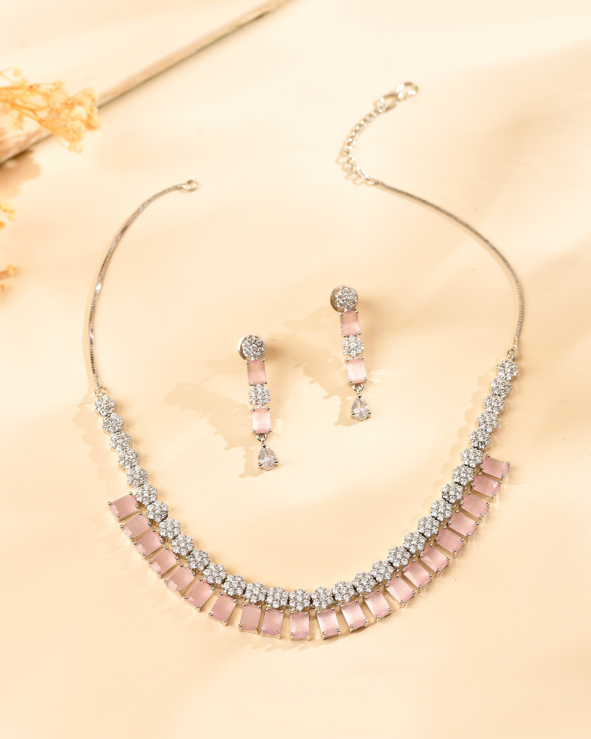 VOJ Silver Plated Baby Pink Rectangular Stone Ad Necklace Set | Grocsy