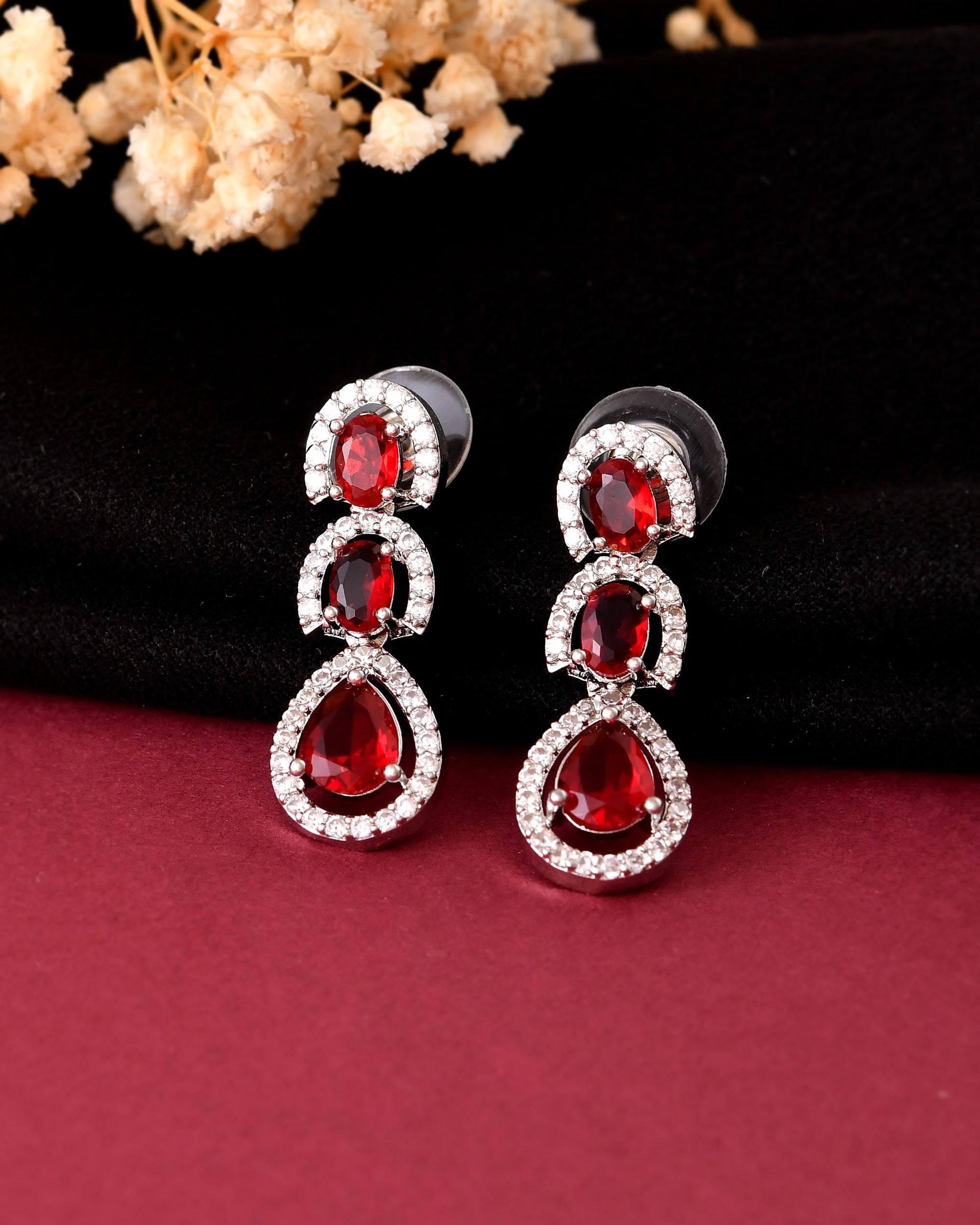 VOJ Silver Toned Red Ad Studs Earrings | Grocsy