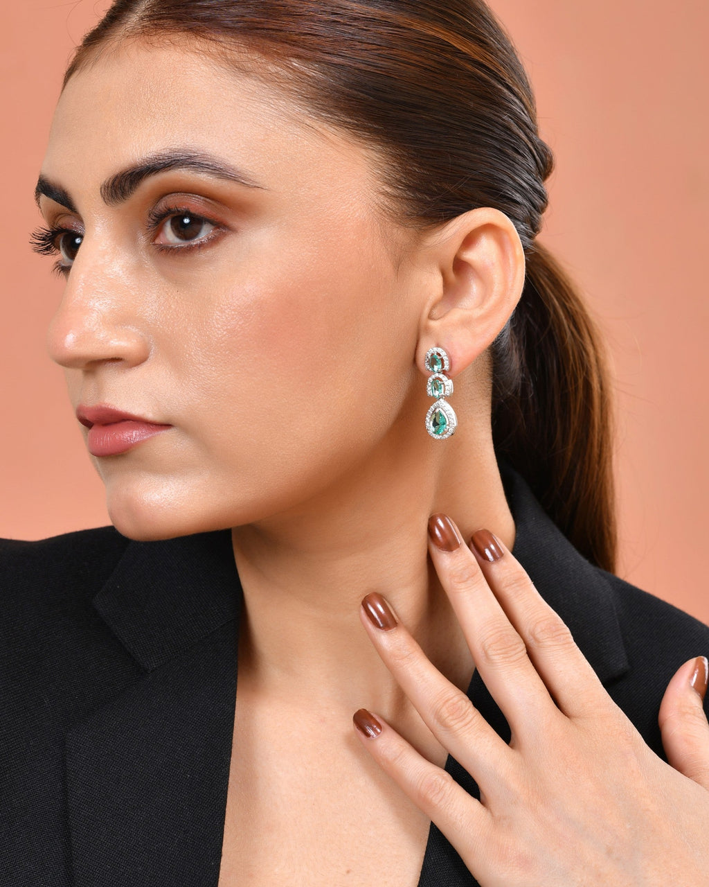 VOJ Silver Toned Teal Green Ad Studs Earrings | Grocsy