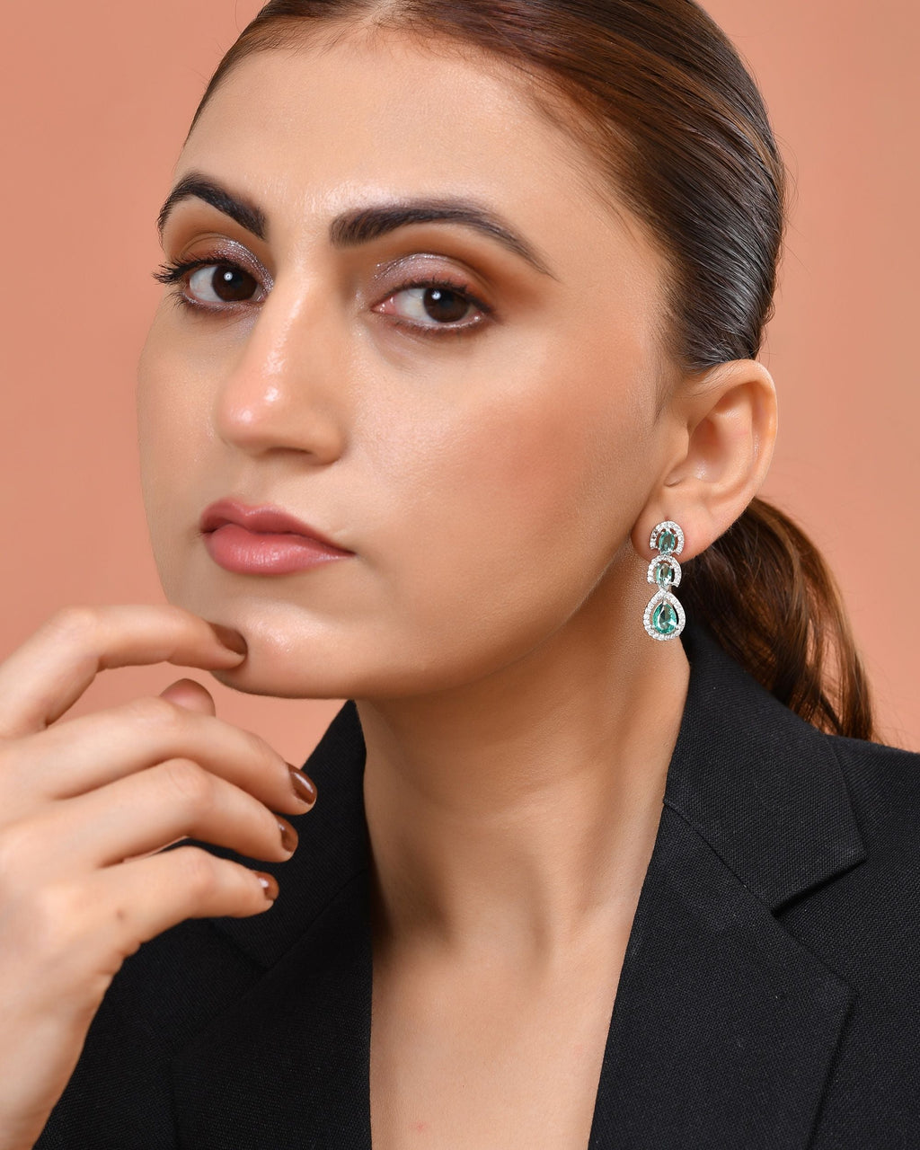 VOJ Silver Toned Teal Green Ad Studs Earrings | Grocsy