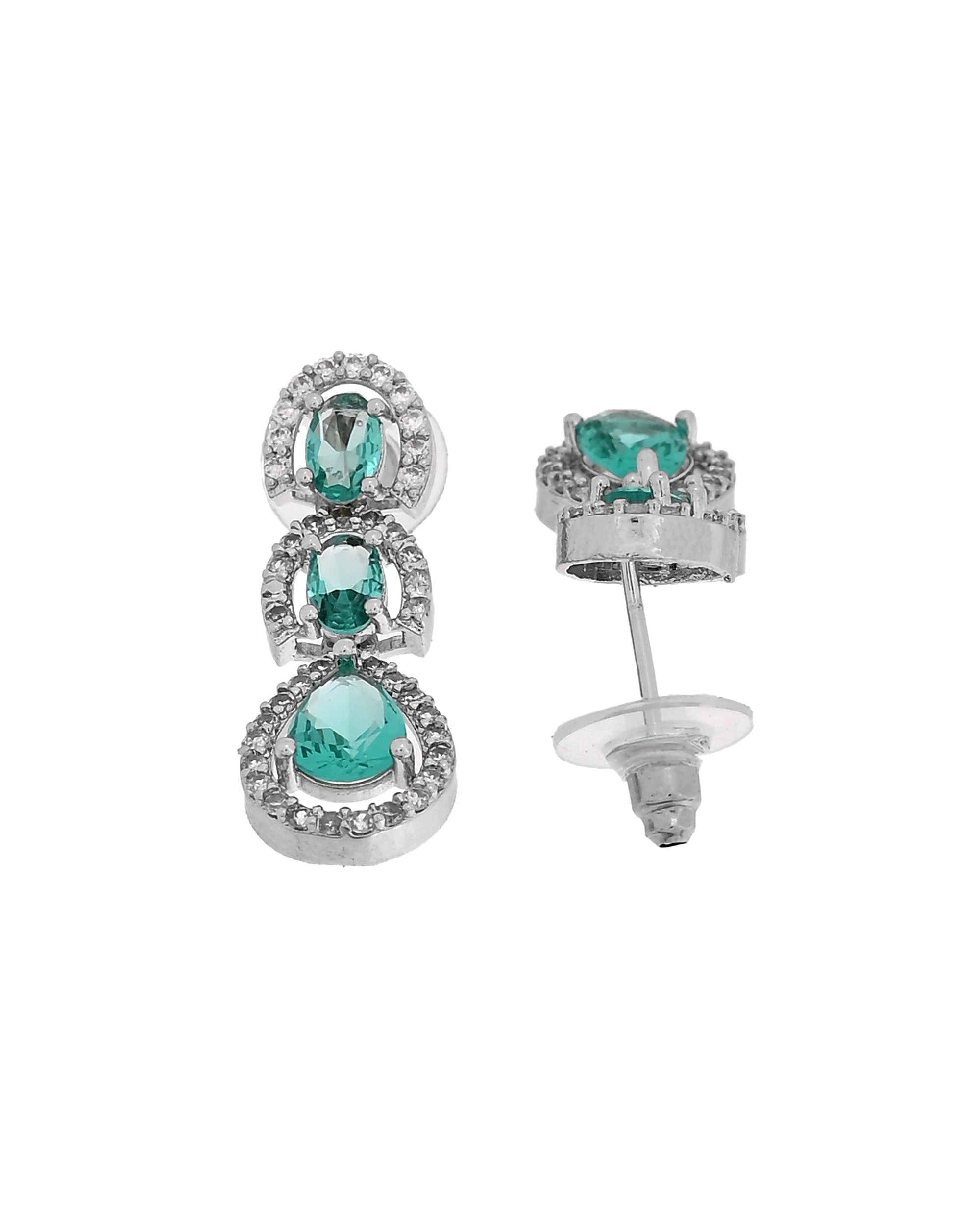 VOJ Silver Toned Teal Green Ad Studs Earrings | Grocsy