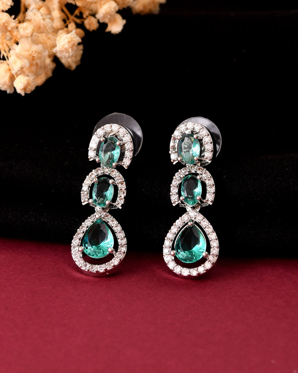 VOJ Silver Toned Teal Green Ad Studs Earrings | Grocsy
