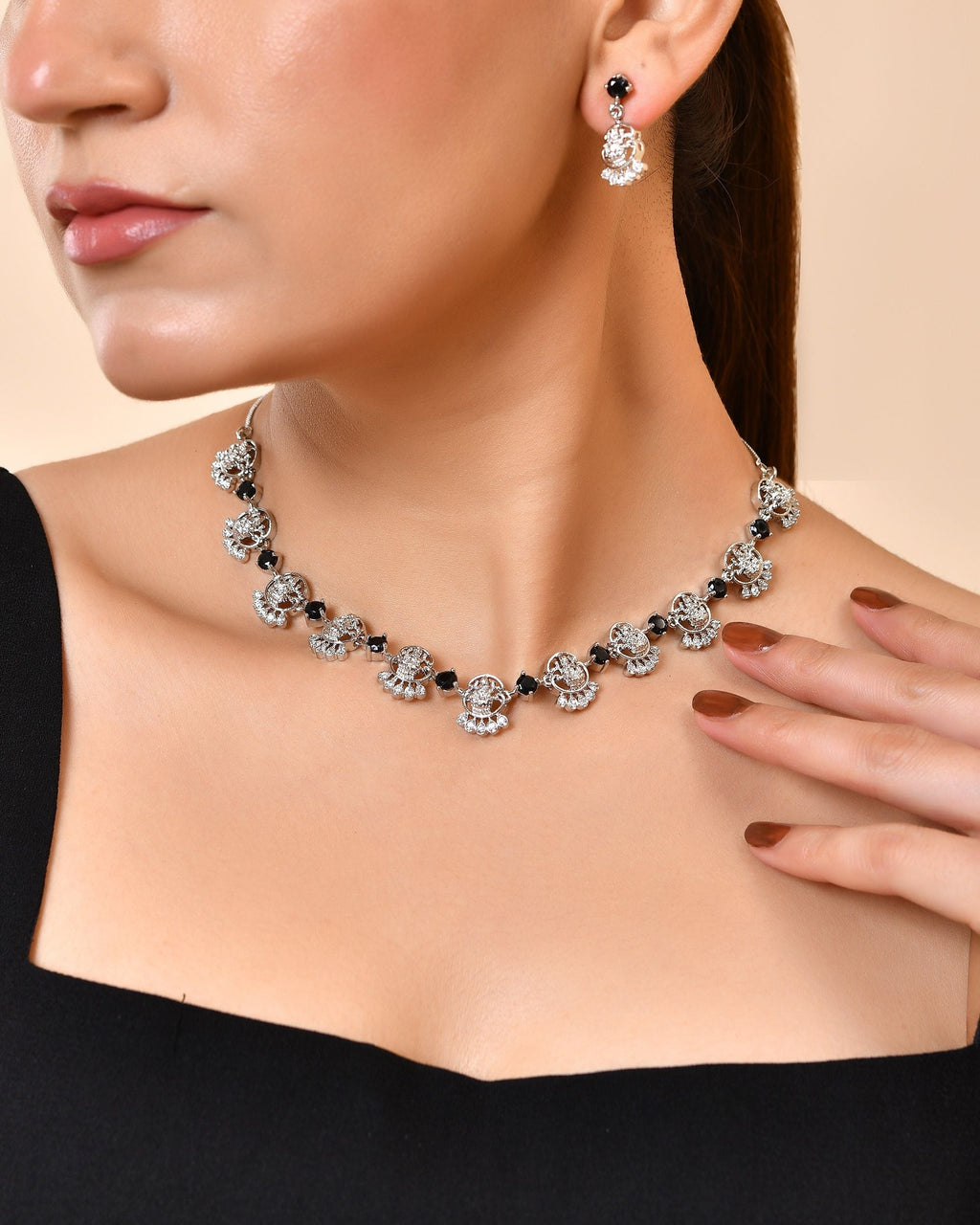 VOJ Silver Plated Ad Black Stone Temple Jewellery Set | Grocsy