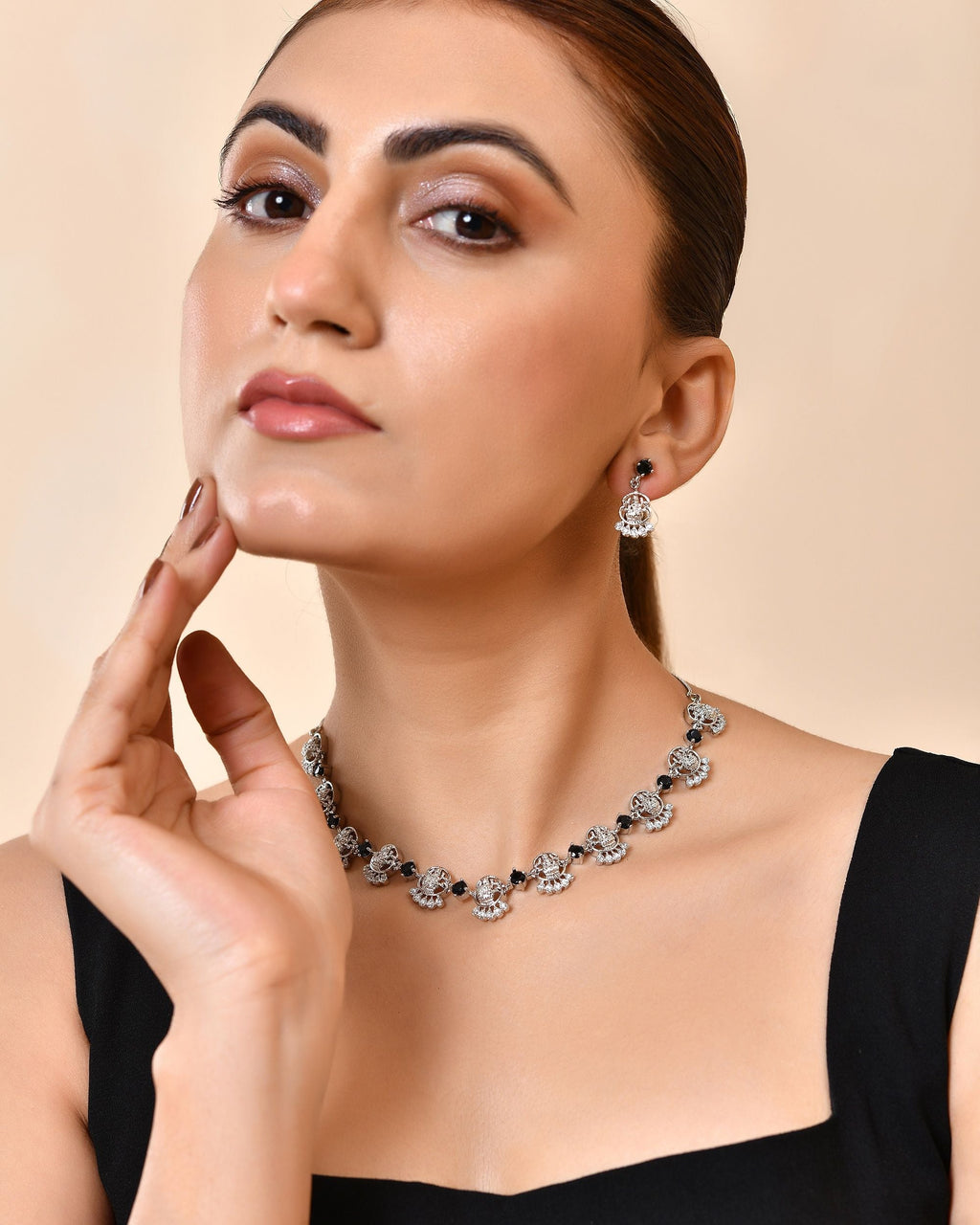 VOJ Silver Plated Ad Black Stone Temple Jewellery Set | Grocsy