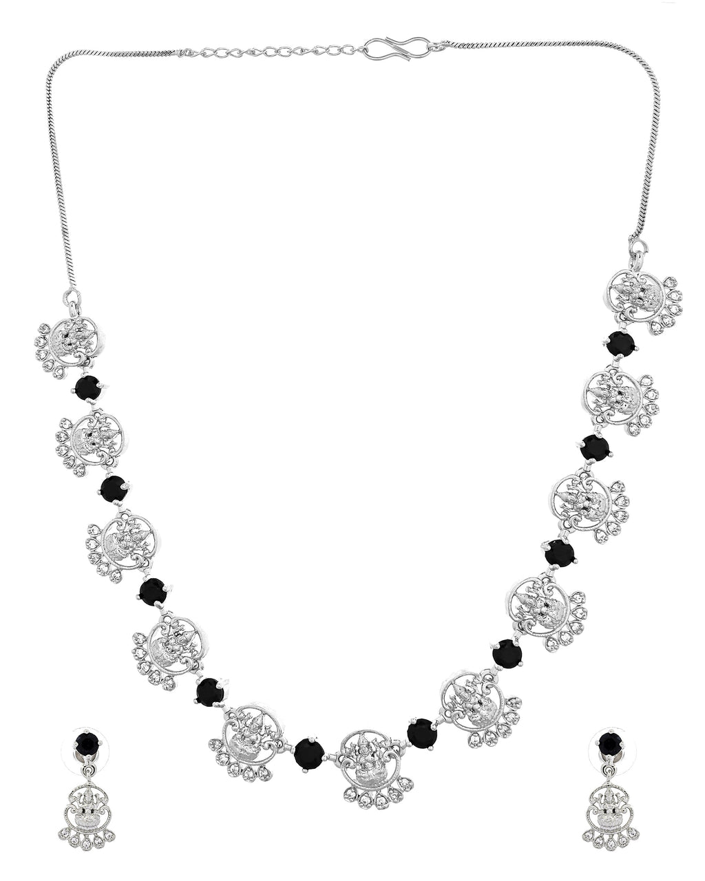 VOJ Silver Plated Ad Black Stone Temple Jewellery Set | Grocsy