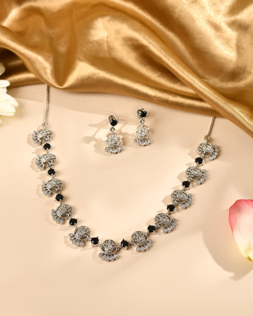 VOJ Silver Plated Ad Black Stone Temple Jewellery Set | Grocsy