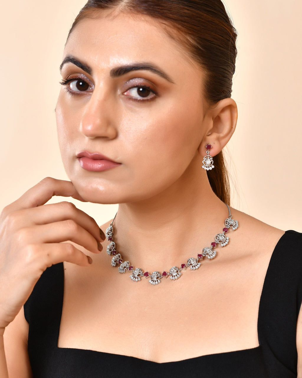 VOJ Silver Plated Ad Wine Stone Temple Jewellery Set | Grocsy