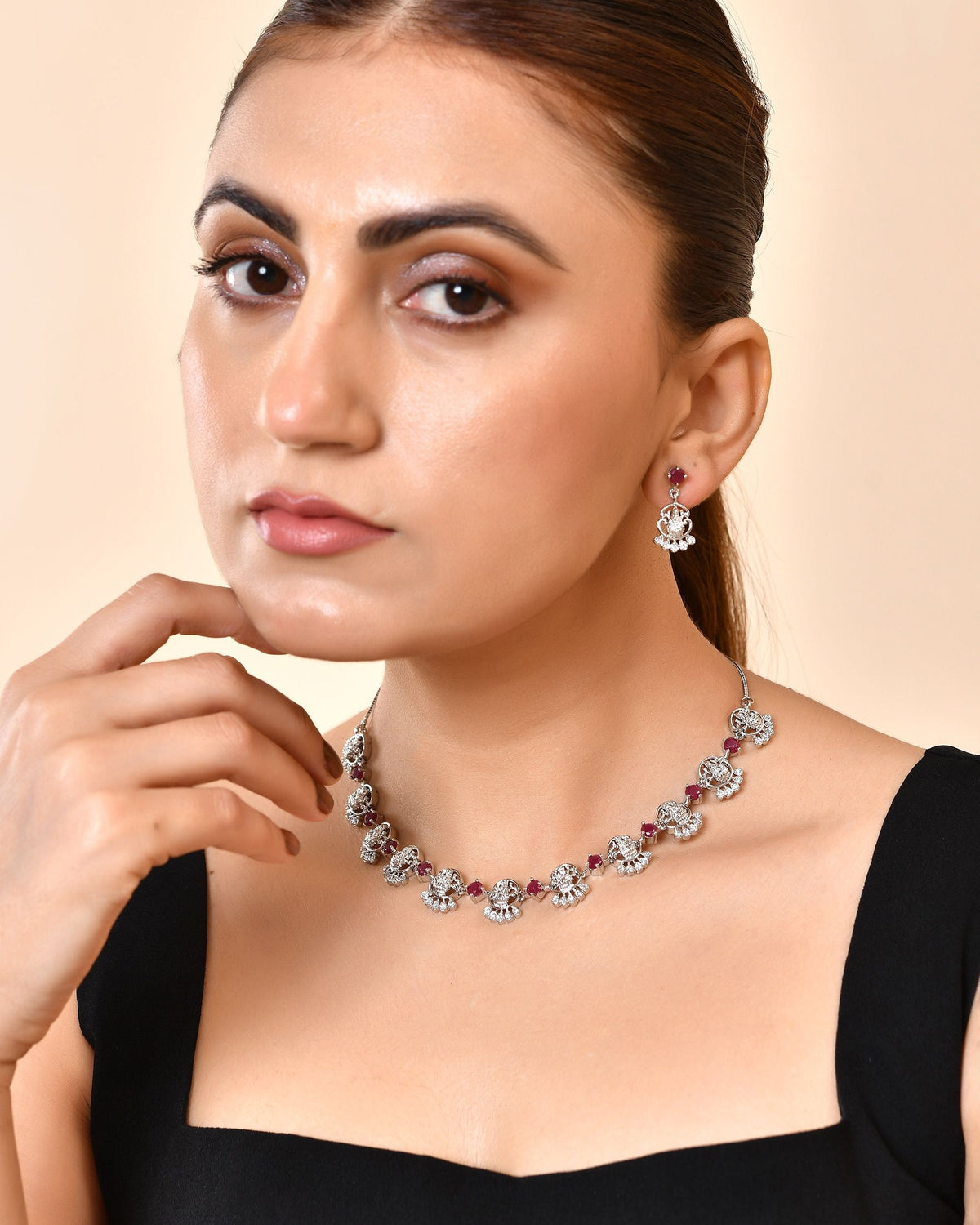 VOJ Silver Plated Ad Wine Stone Temple Jewellery Set | Grocsy