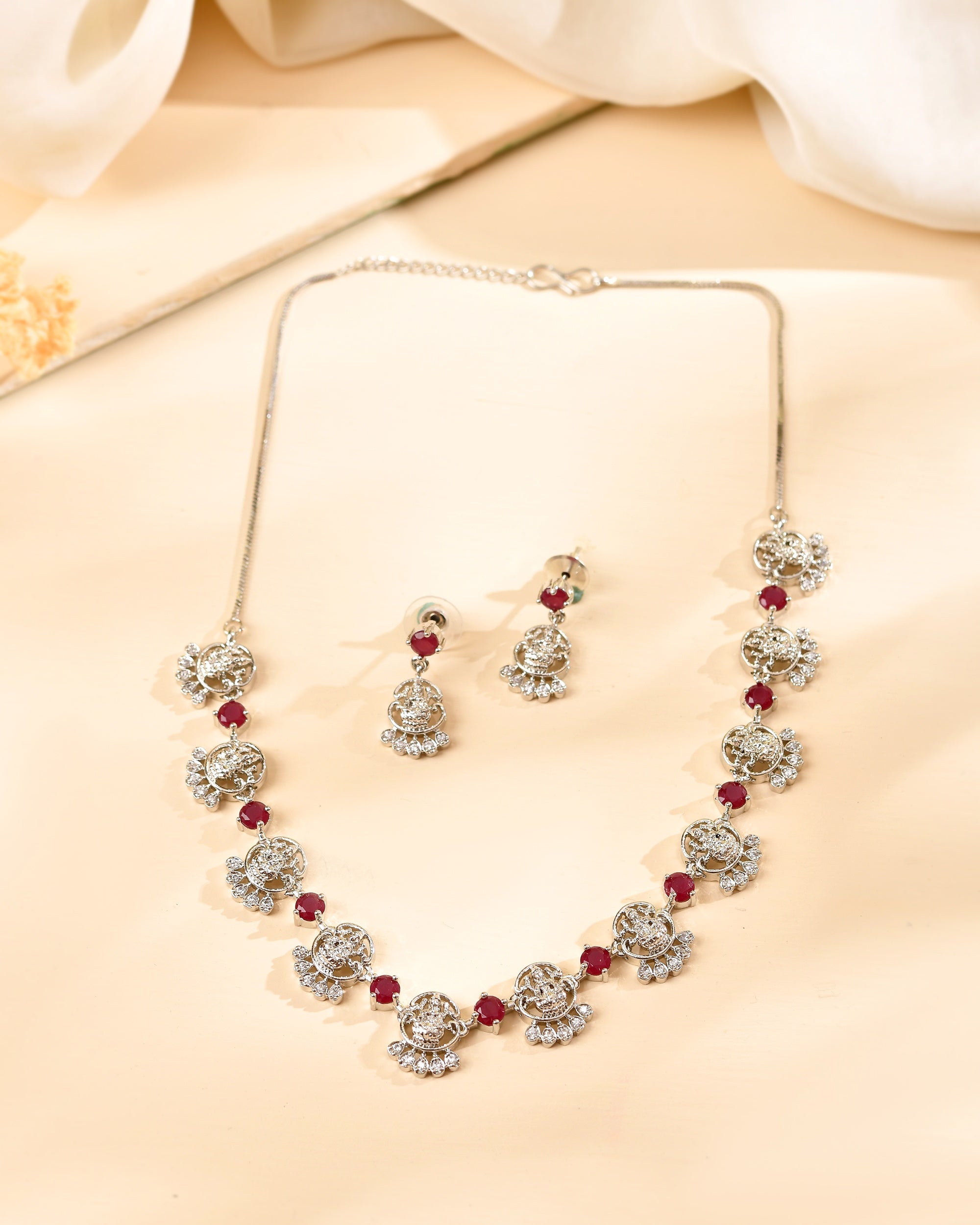 VOJ Silver Plated Ad Wine Stone Temple Jewellery Set | Grocsy