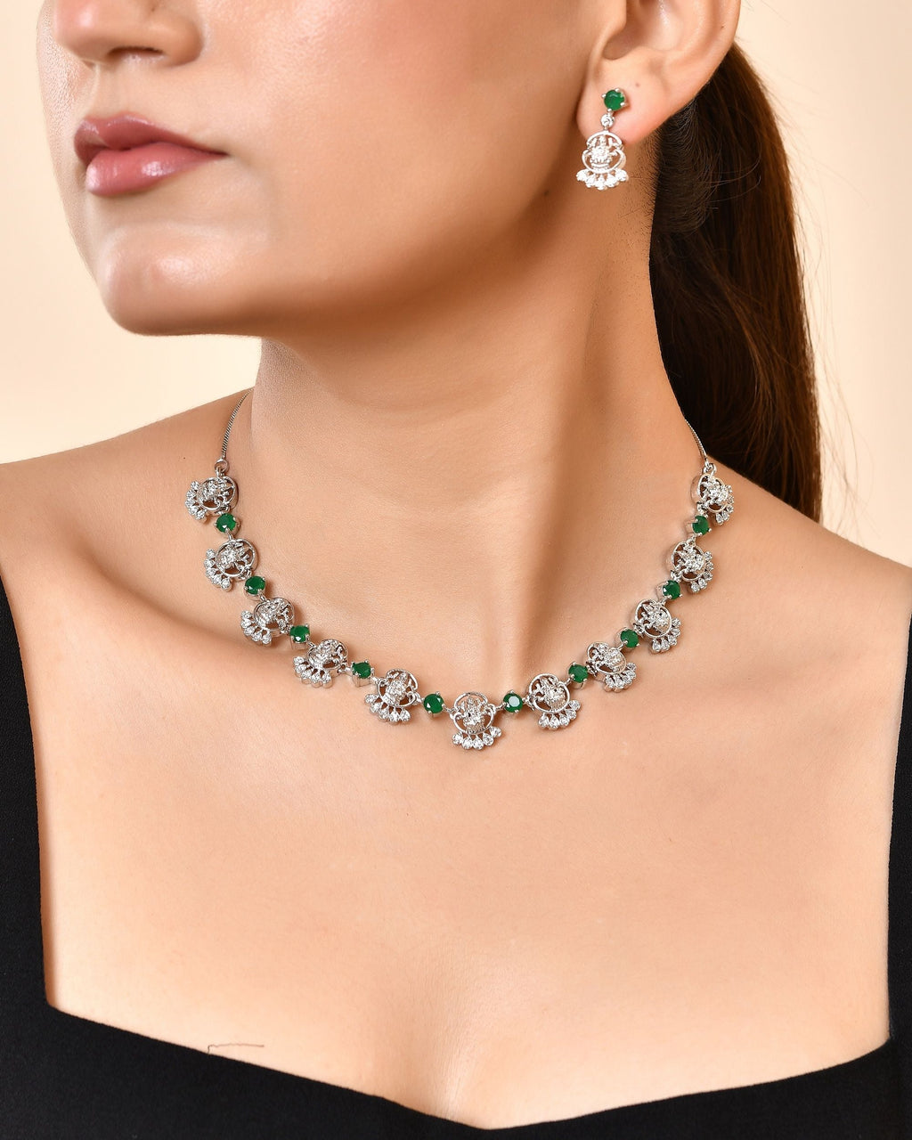 VOJ Silver Plated Ad Green Stone Temple Jewellery Set | Grocsy