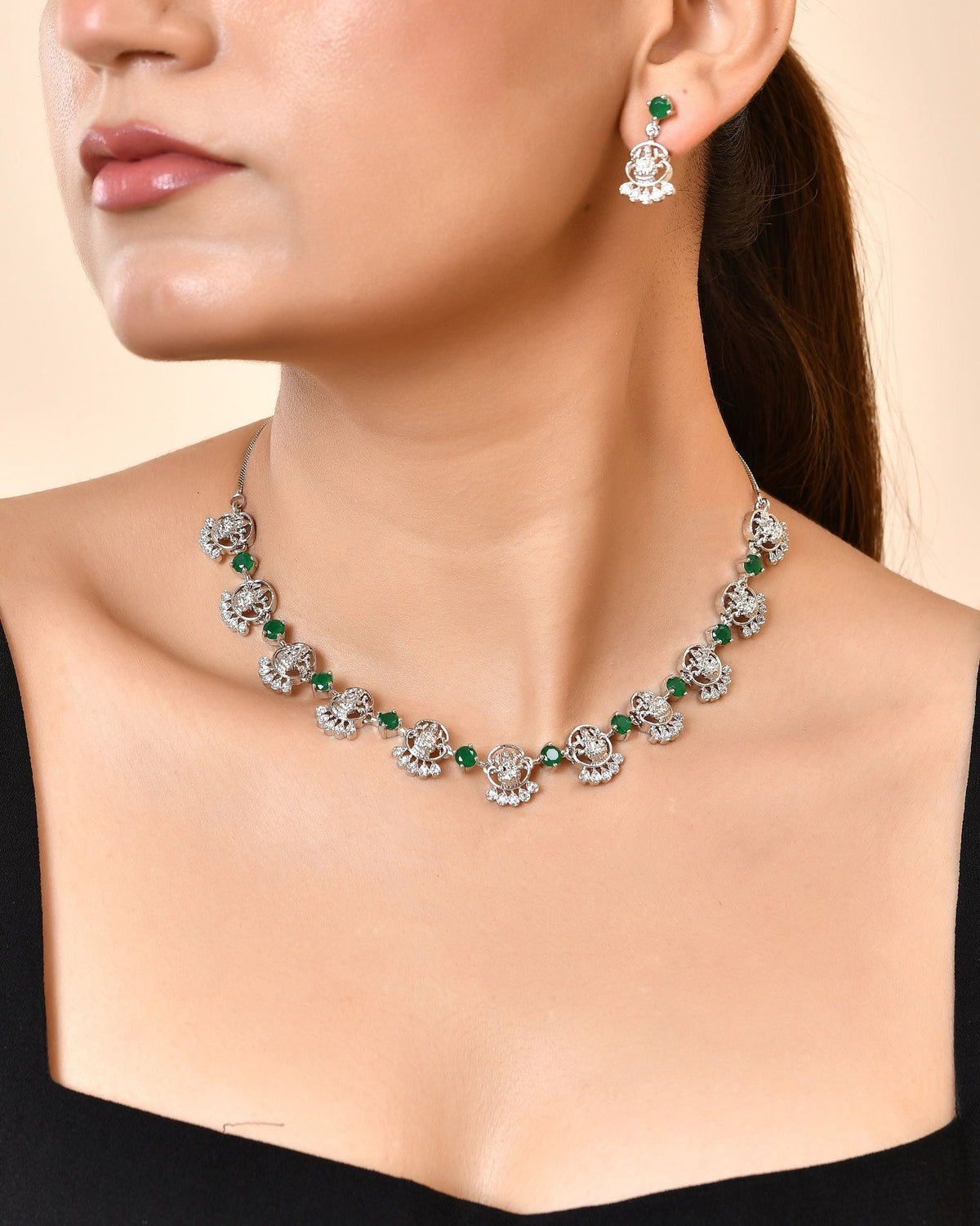 VOJ Silver Plated Ad Green Stone Temple Jewellery Set | Grocsy