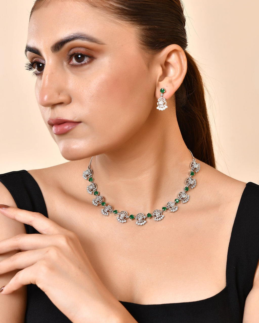 VOJ Silver Plated Ad Green Stone Temple Jewellery Set | Grocsy