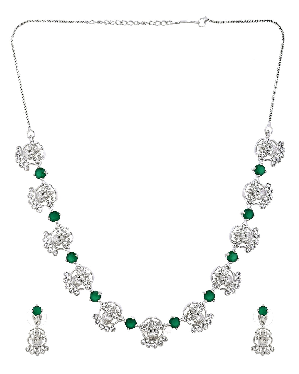 VOJ Silver Plated Ad Green Stone Temple Jewellery Set | Grocsy