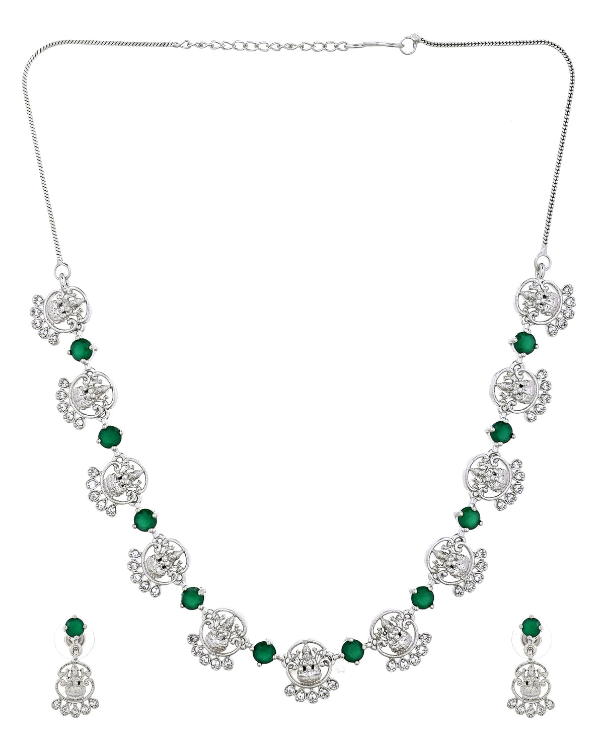 VOJ Silver Plated Ad Green Stone Temple Jewellery Set | Grocsy