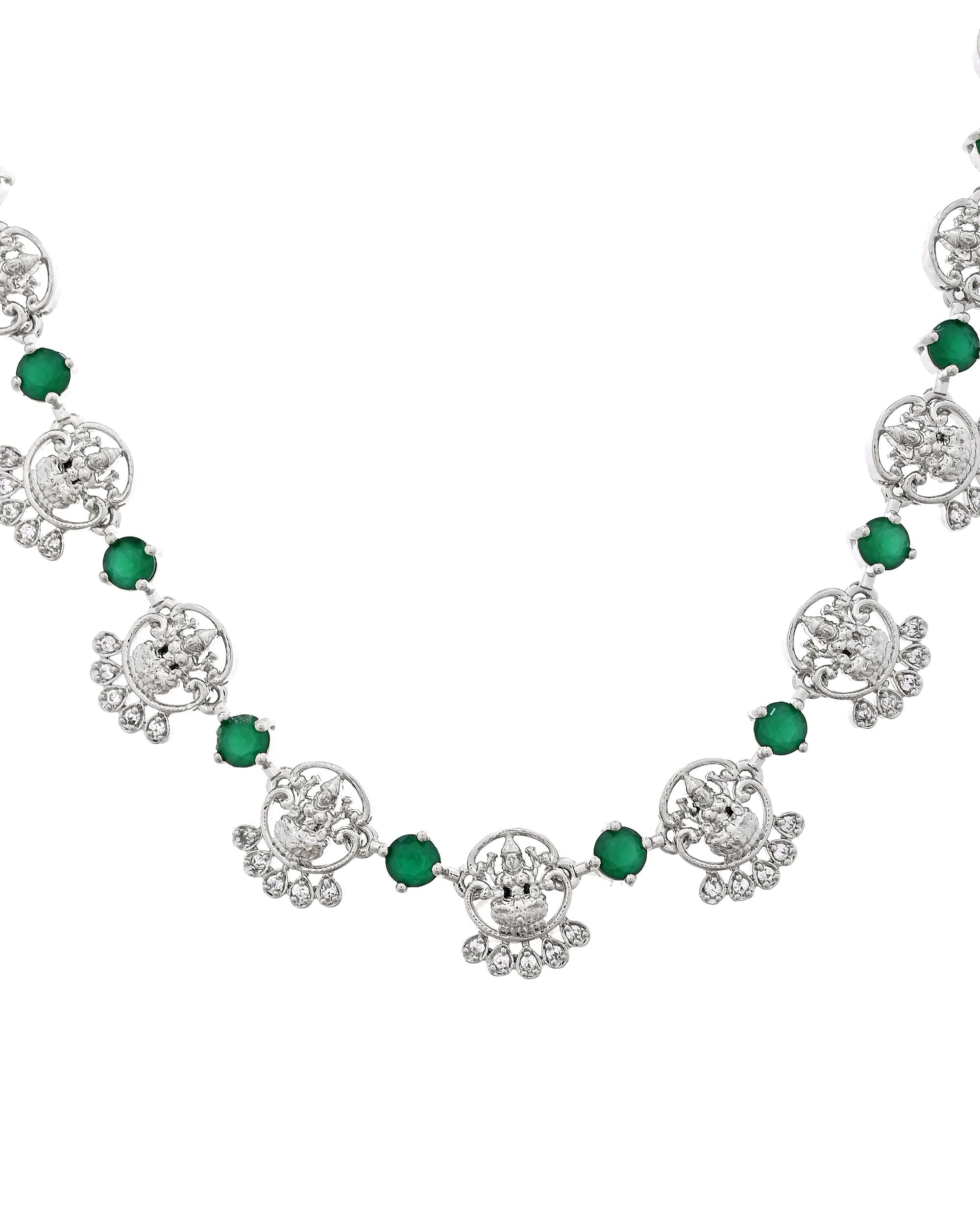 VOJ Silver Plated Ad Green Stone Temple Jewellery Set | Grocsy