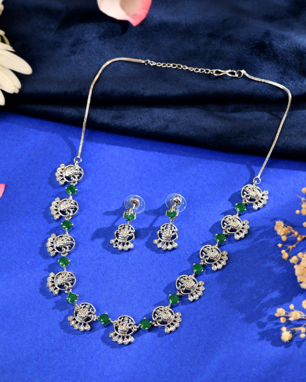 VOJ Silver Plated Ad Green Stone Temple Jewellery Set | Grocsy