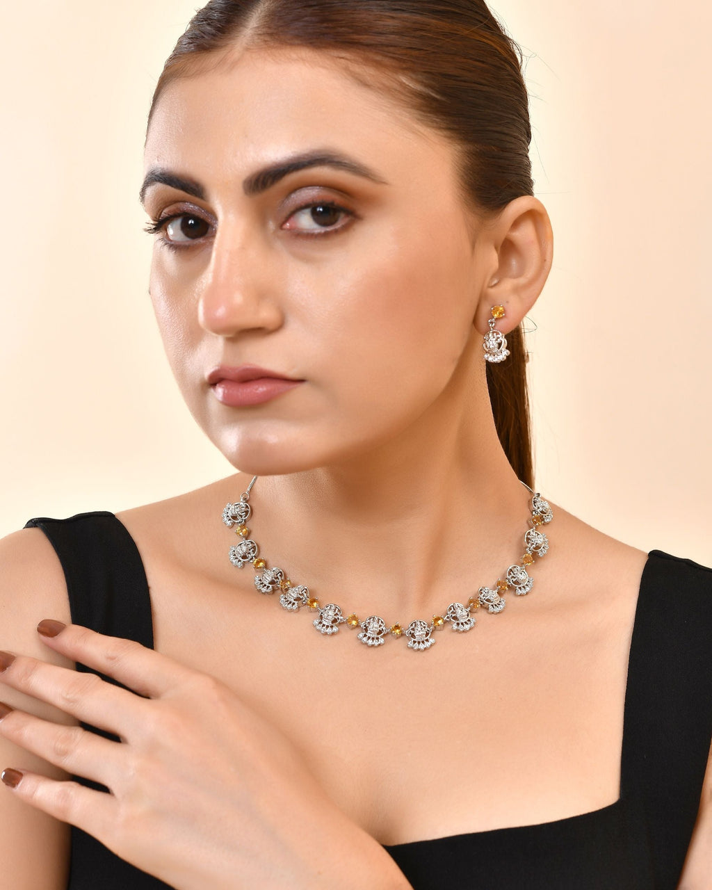 VOJ Silver Plated Ad Yellow Stone Temple Jewellery Set | Grocsy