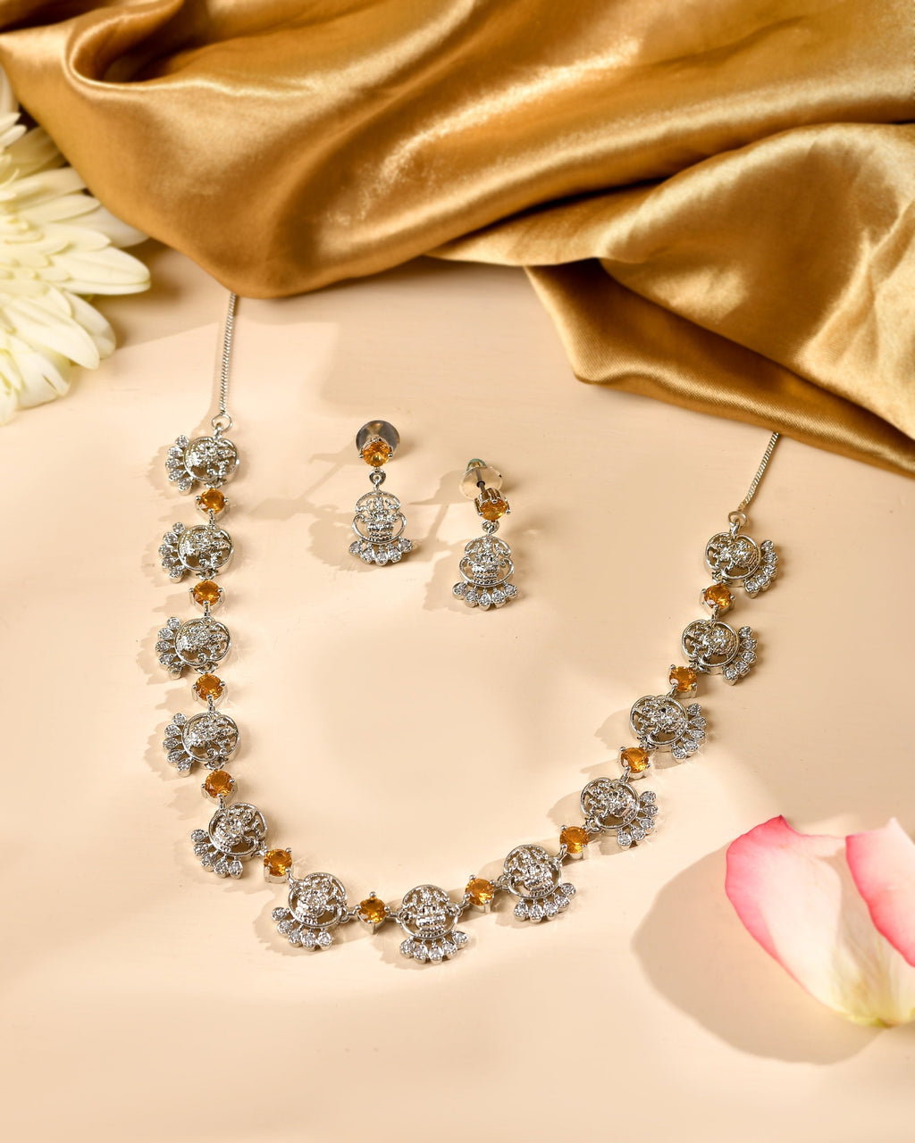 VOJ Silver Plated Ad Yellow Stone Temple Jewellery Set | Grocsy