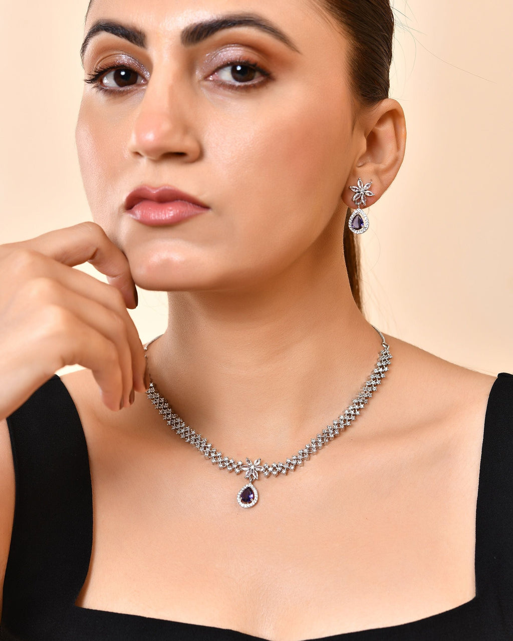 VOJ Silver Plated Purple Drop Shaped Ad Jewellery Set | Grocsy