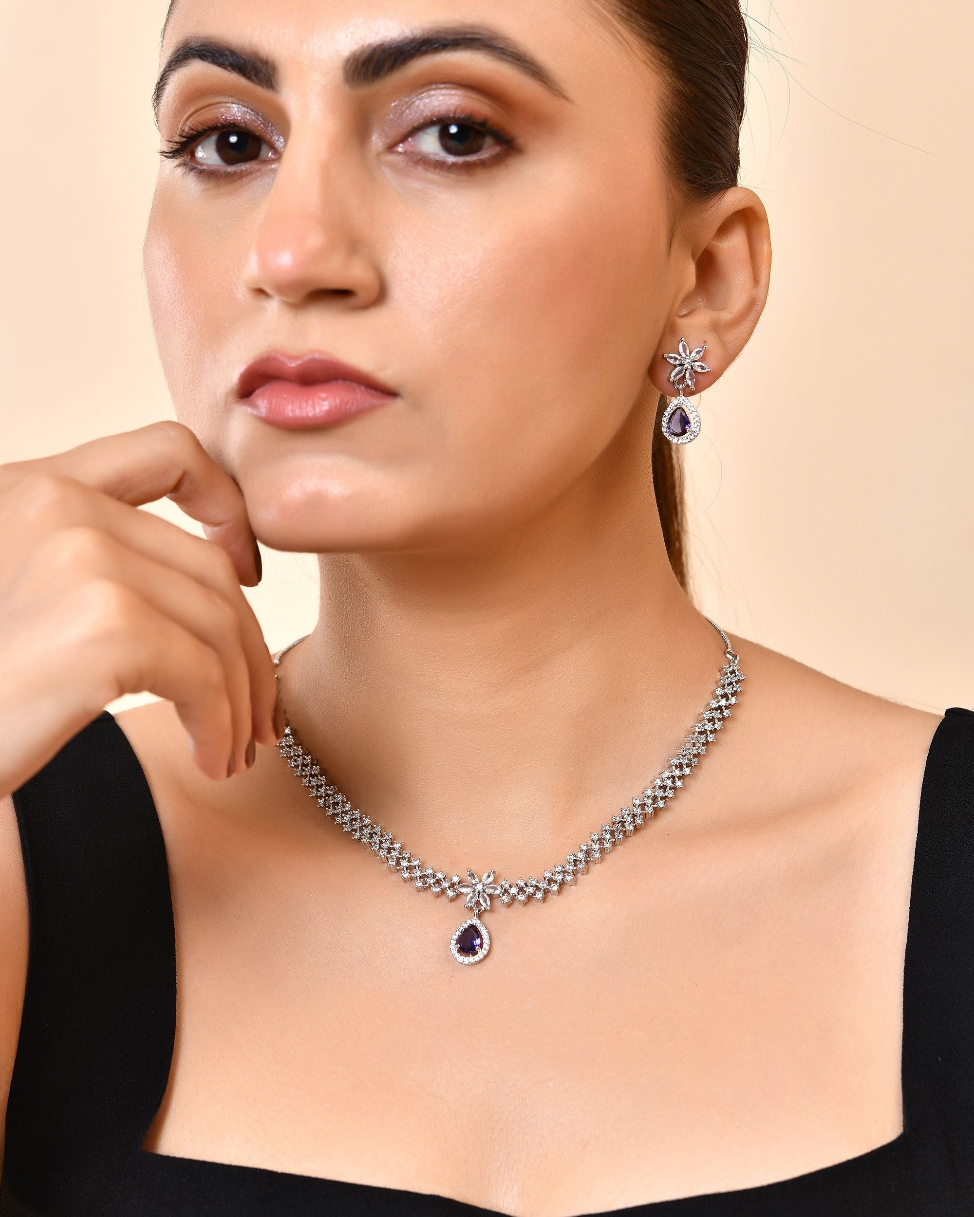 VOJ Silver Plated Purple Drop Shaped Ad Jewellery Set | Grocsy
