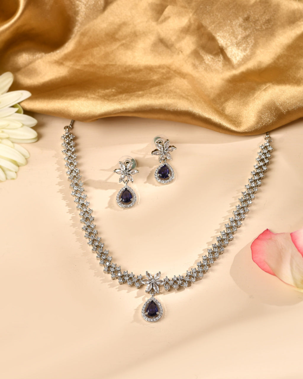 VOJ Silver Plated Purple Drop Shaped Ad Jewellery Set | Grocsy