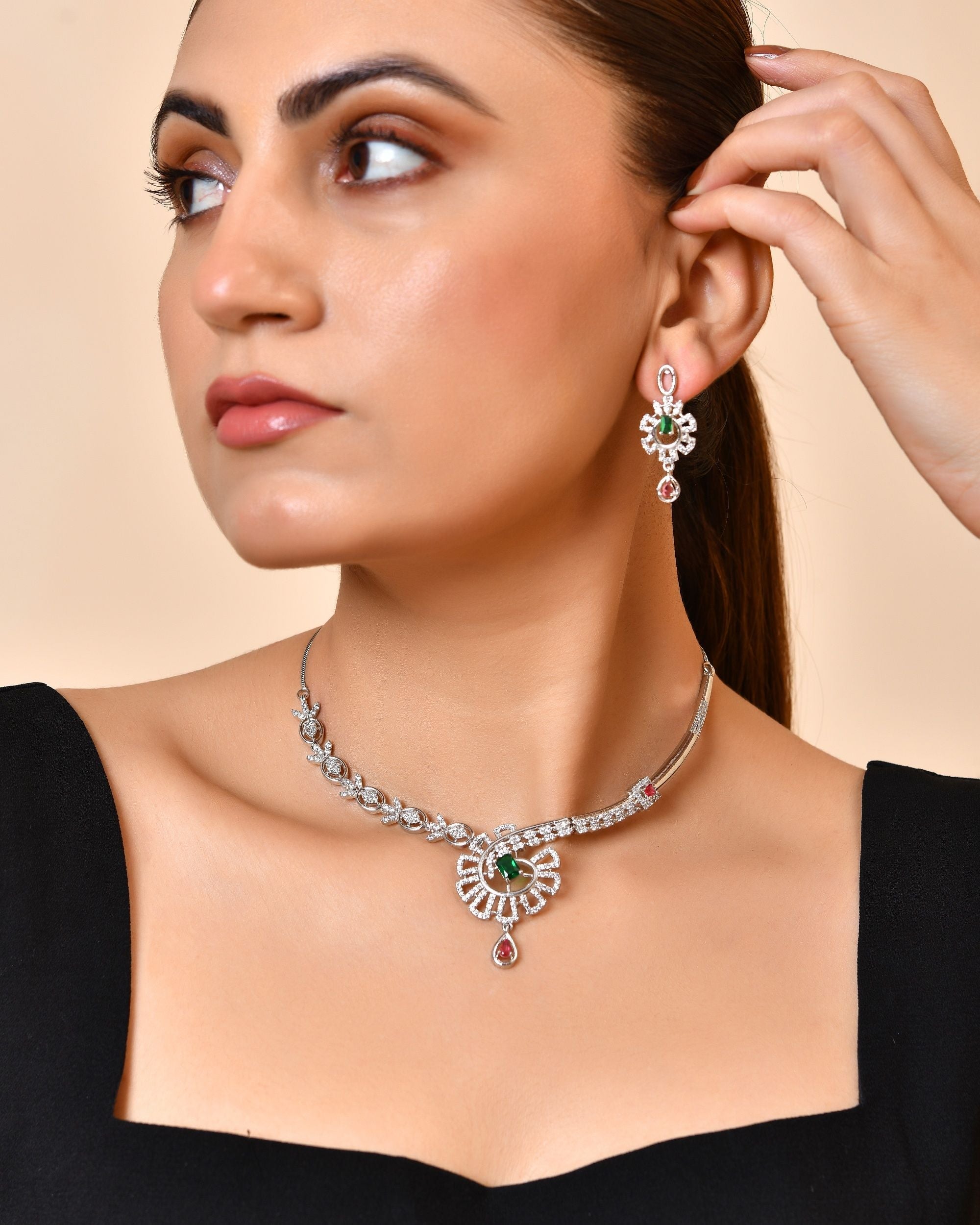 VOJ Silver Plated Ad Stone Studded Designer Necklace Set | Grocsy