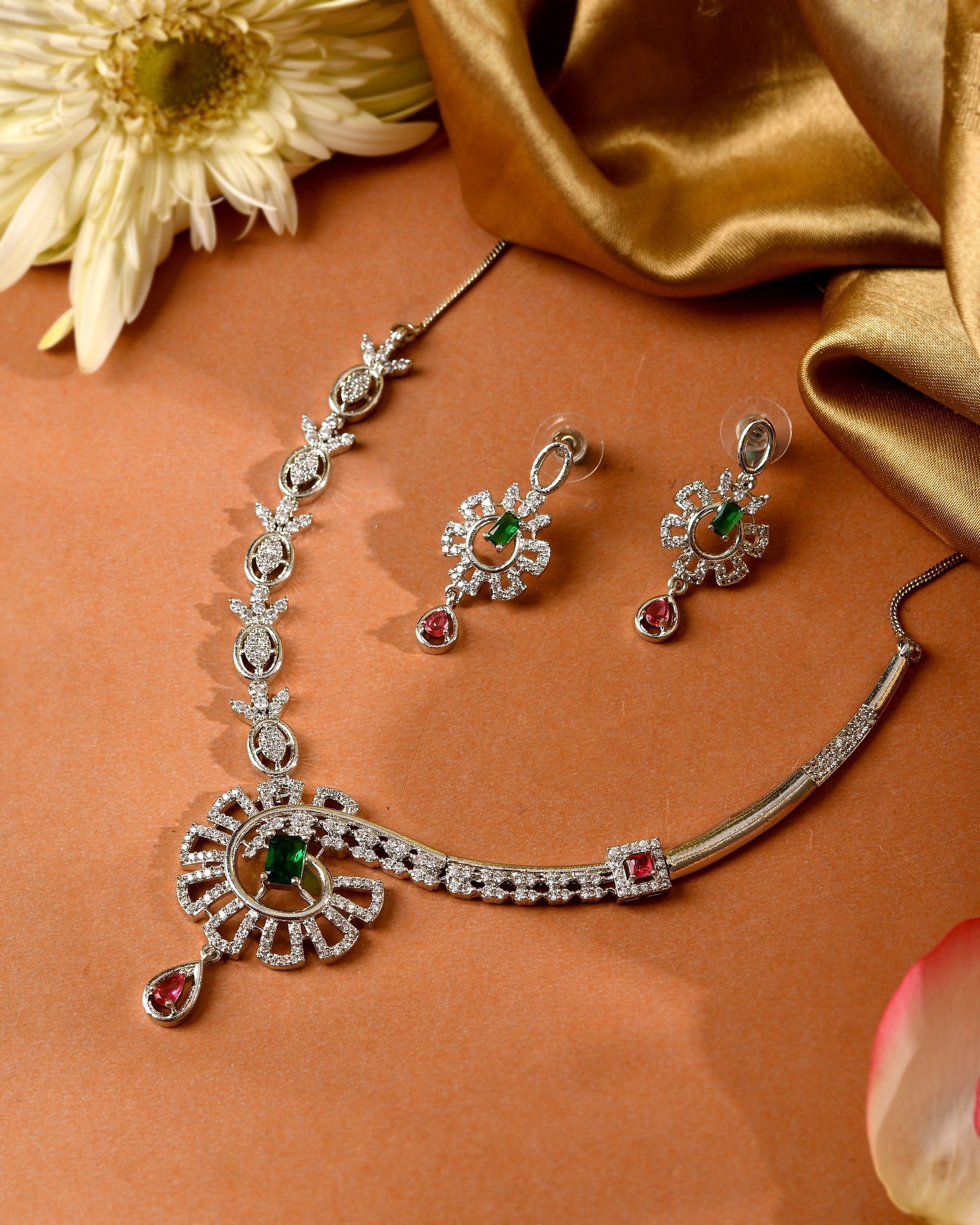 VOJ Silver Plated Ad Stone Studded Designer Necklace Set | Grocsy