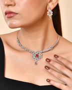 VOJ Silver Plated Ruby Red Ad Stone Studded Designer Necklace Set | Grocsy