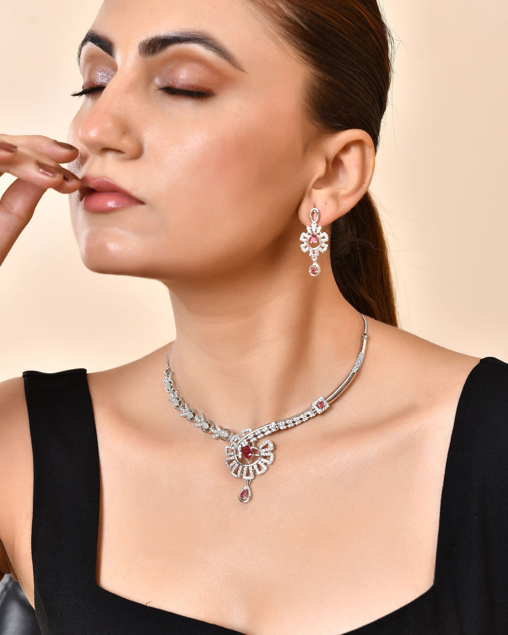 VOJ Silver Plated Ruby Red Ad Stone Studded Designer Necklace Set | Grocsy