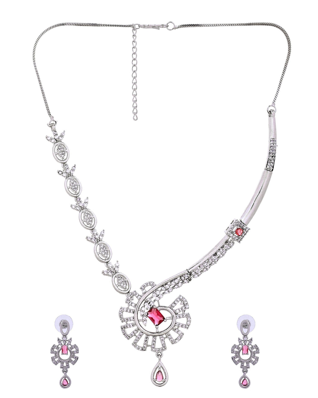 VOJ Silver Plated Ruby Red Ad Stone Studded Designer Necklace Set | Grocsy
