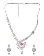 VOJ Silver Plated Ruby Red Ad Stone Studded Designer Necklace Set | Grocsy