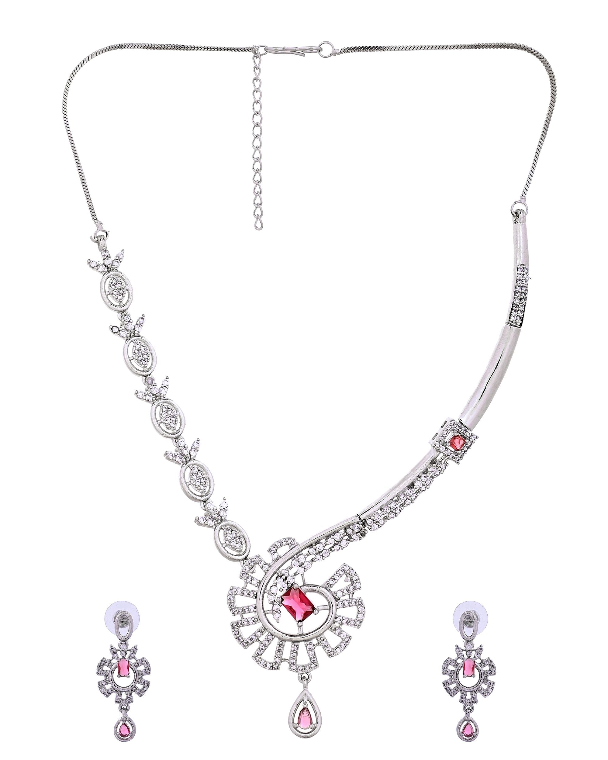 VOJ Silver Plated Ruby Red Ad Stone Studded Designer Necklace Set | Grocsy