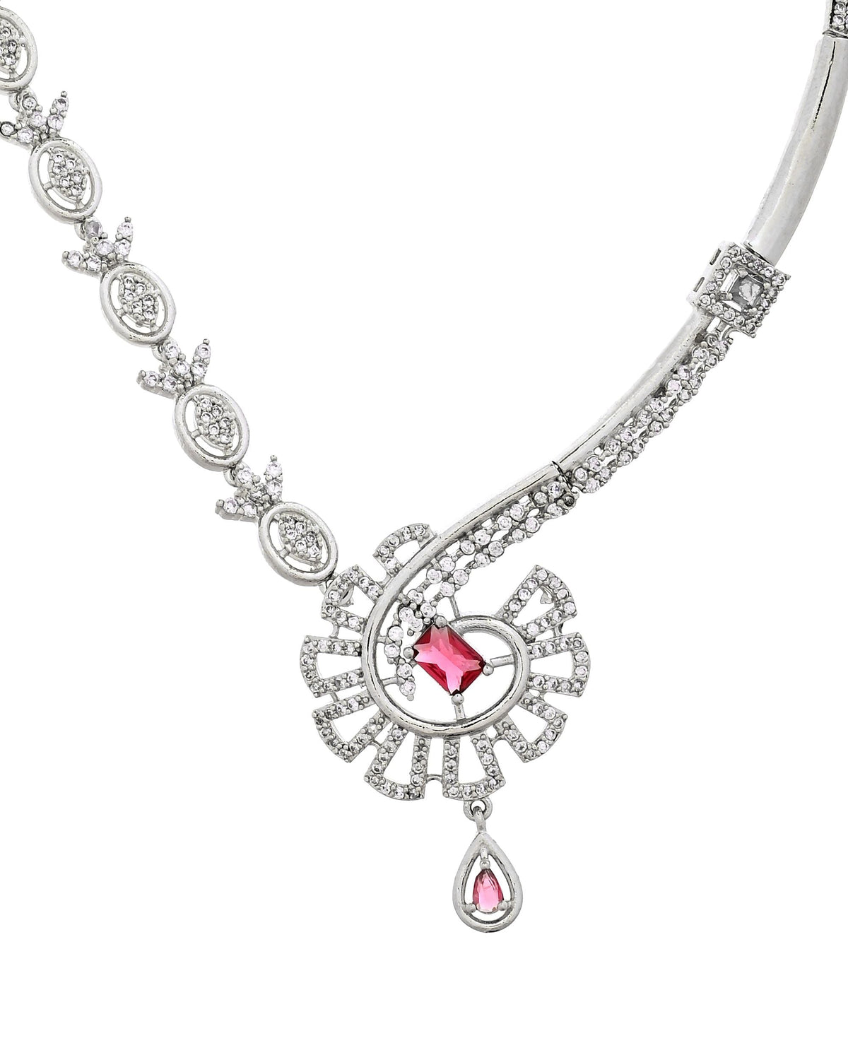VOJ Silver Plated Ruby Red Ad Stone Studded Designer Necklace Set | Grocsy