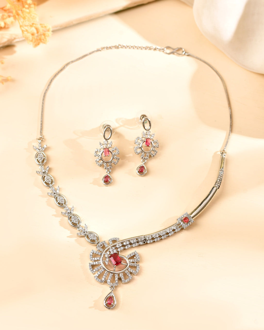 VOJ Silver Plated Ruby Red Ad Stone Studded Designer Necklace Set | Grocsy