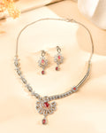 VOJ Silver Plated Ruby Red Ad Stone Studded Designer Necklace Set | Grocsy