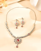 VOJ Silver Plated Ruby Red Ad Stone Studded Designer Necklace Set | Grocsy