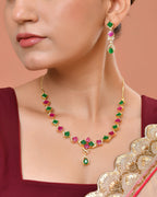 VOJ Gold Plated Green And Red Square Stone Studded Jewellery Set | Grocsy