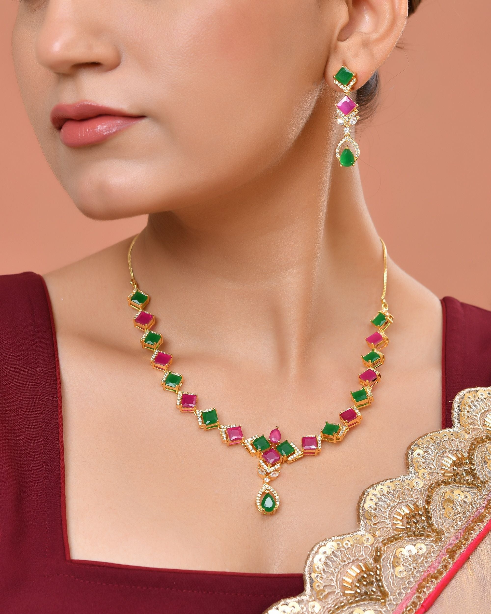 VOJ Gold Plated Green And Red Square Stone Studded Jewellery Set | Grocsy