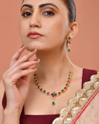 VOJ Gold Plated Green And Red Square Stone Studded Jewellery Set | Grocsy