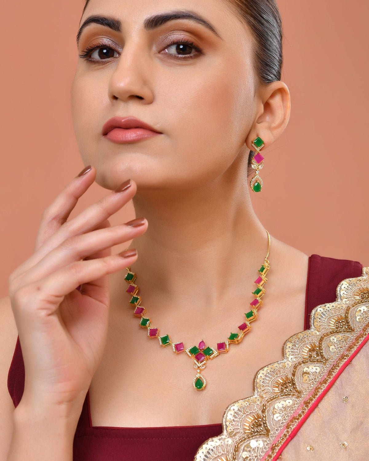 VOJ Gold Plated Green And Red Square Stone Studded Jewellery Set | Grocsy