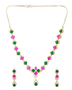 VOJ Gold Plated Green And Red Square Stone Studded Jewellery Set | Grocsy