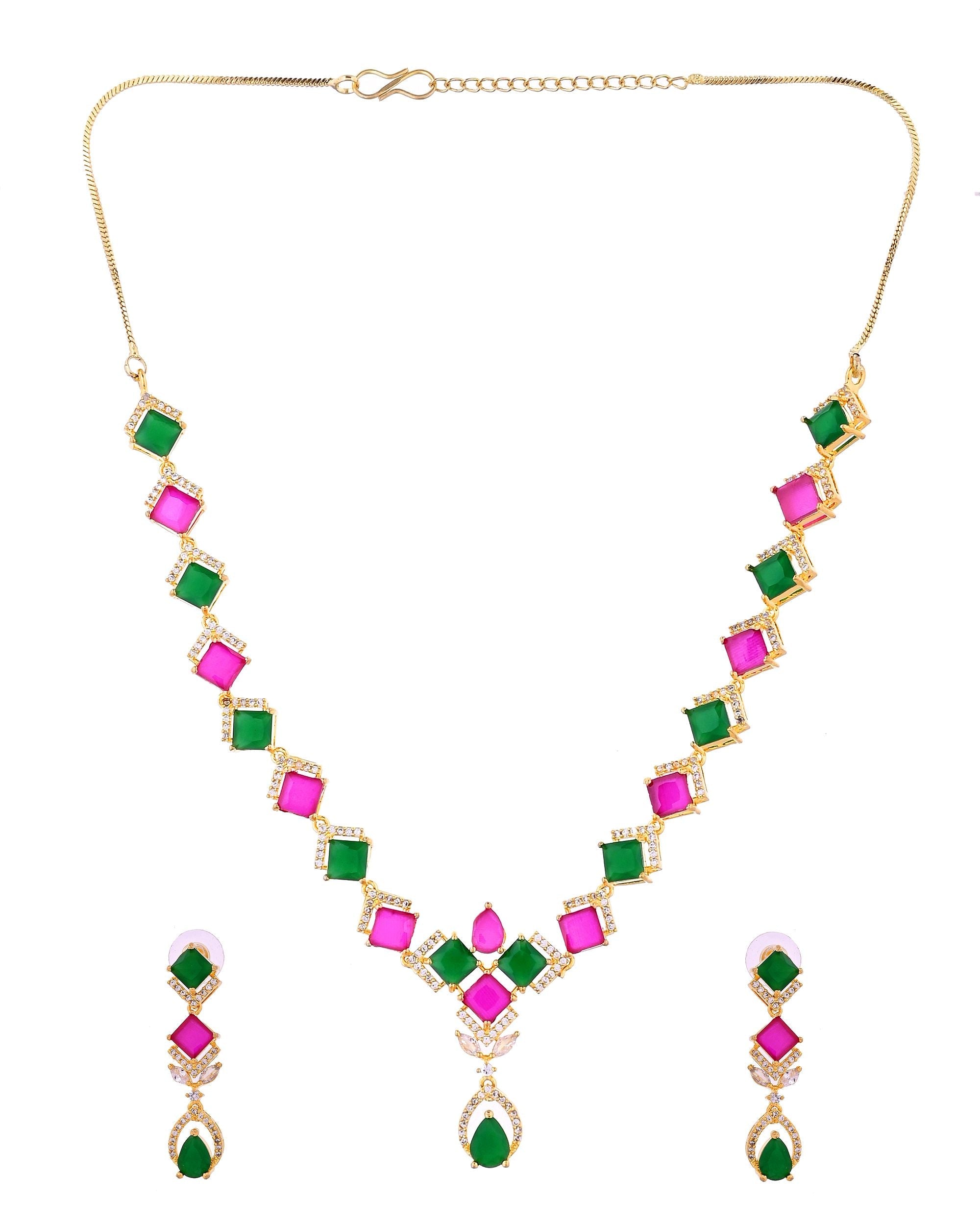 VOJ Gold Plated Green And Red Square Stone Studded Jewellery Set | Grocsy