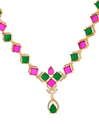 VOJ Gold Plated Green And Red Square Stone Studded Jewellery Set | Grocsy