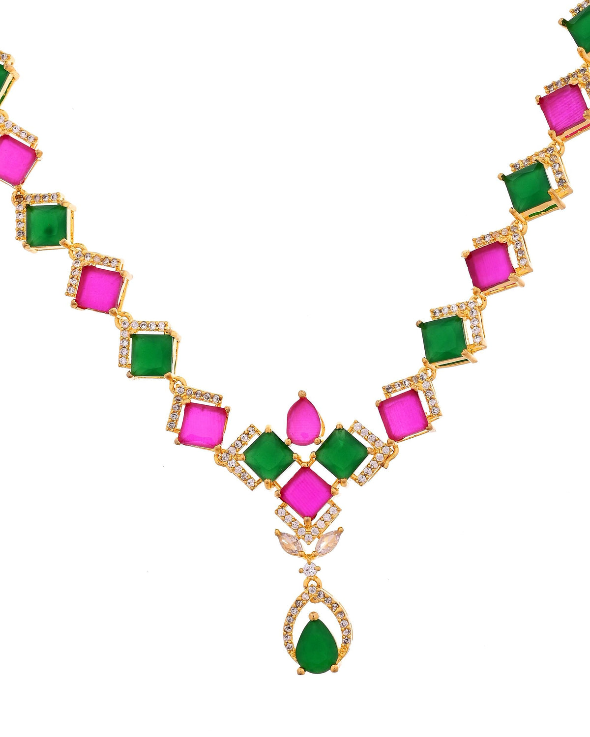 VOJ Gold Plated Green And Red Square Stone Studded Jewellery Set | Grocsy