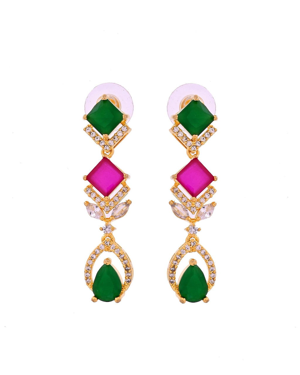 VOJ Gold Plated Green And Red Square Stone Studded Jewellery Set | Grocsy