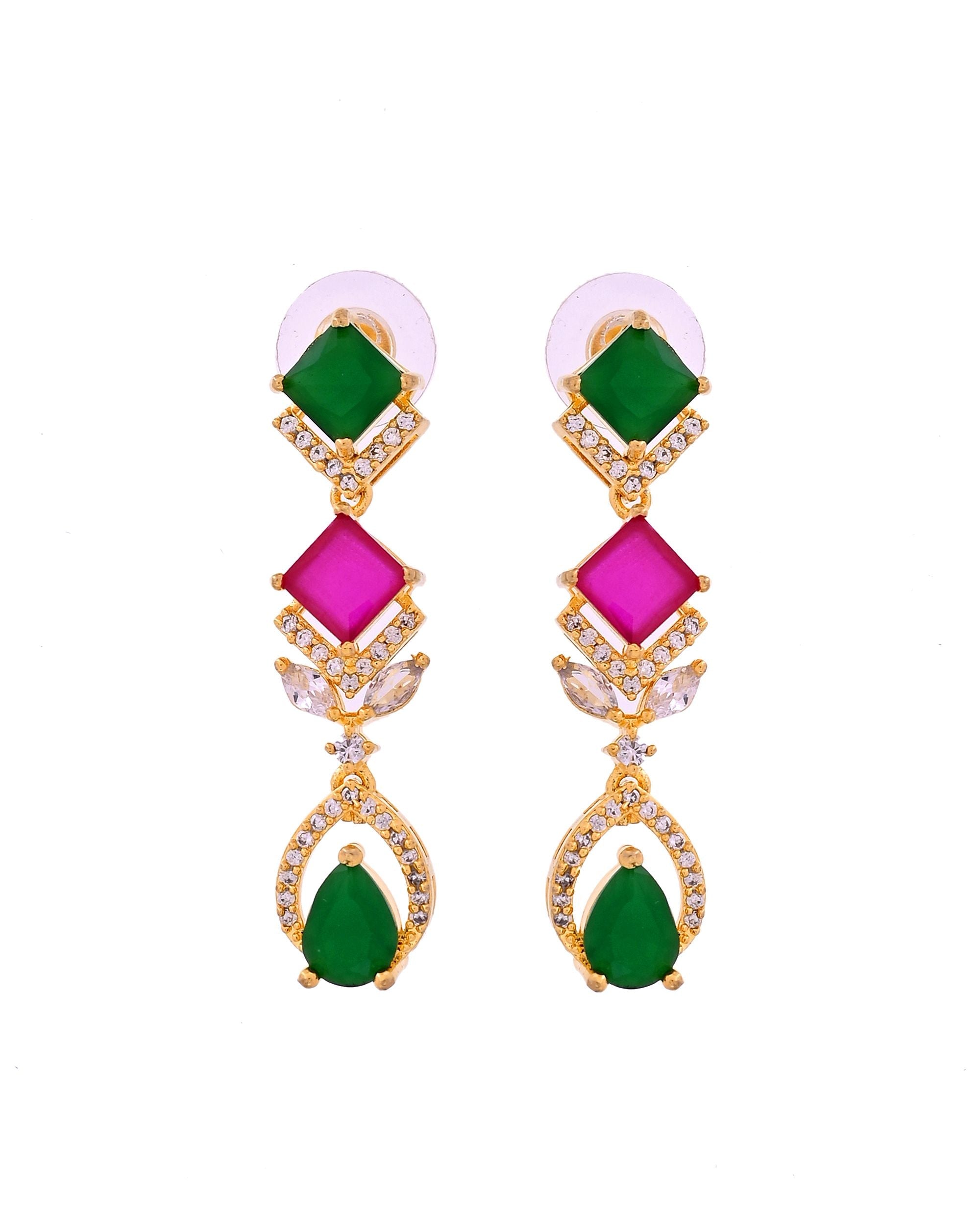 VOJ Gold Plated Green And Red Square Stone Studded Jewellery Set | Grocsy